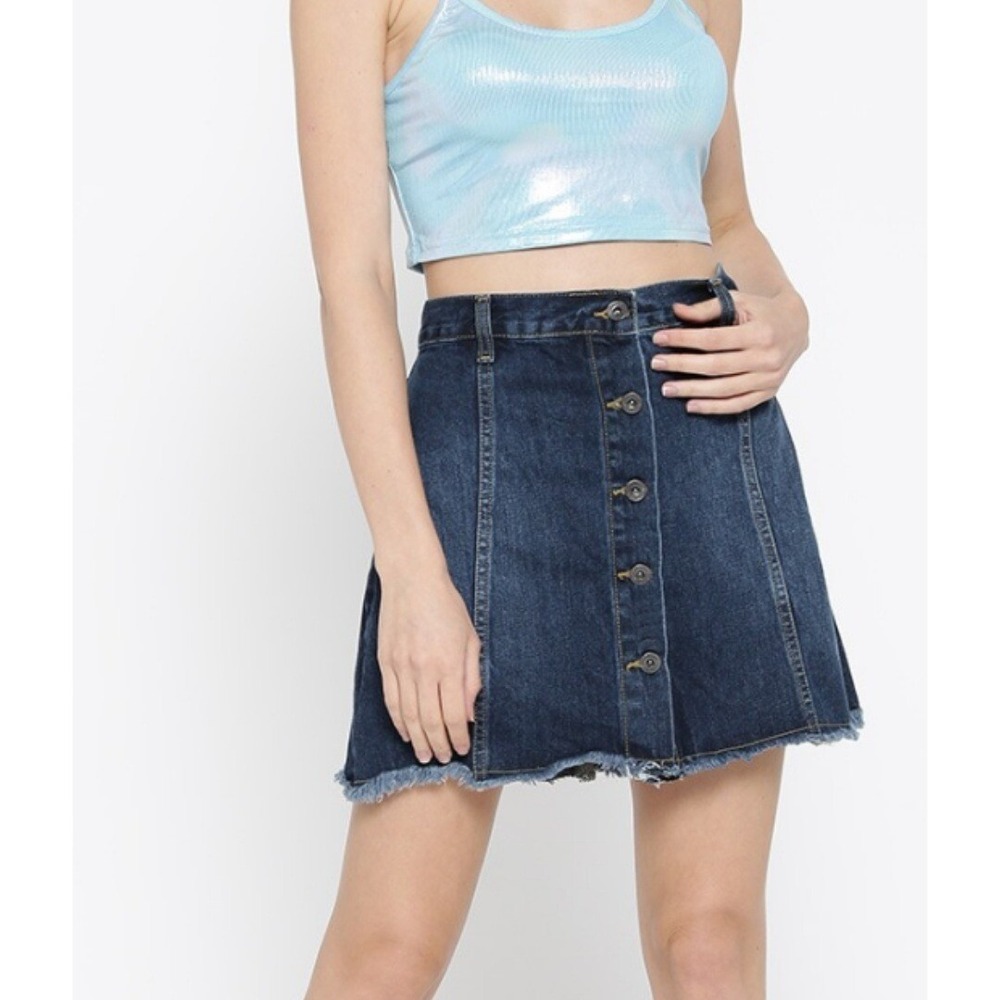 FOREVER 21 Women's A-Line Denim Mini Skirt Dark Wash Button Front Cotton Size 31